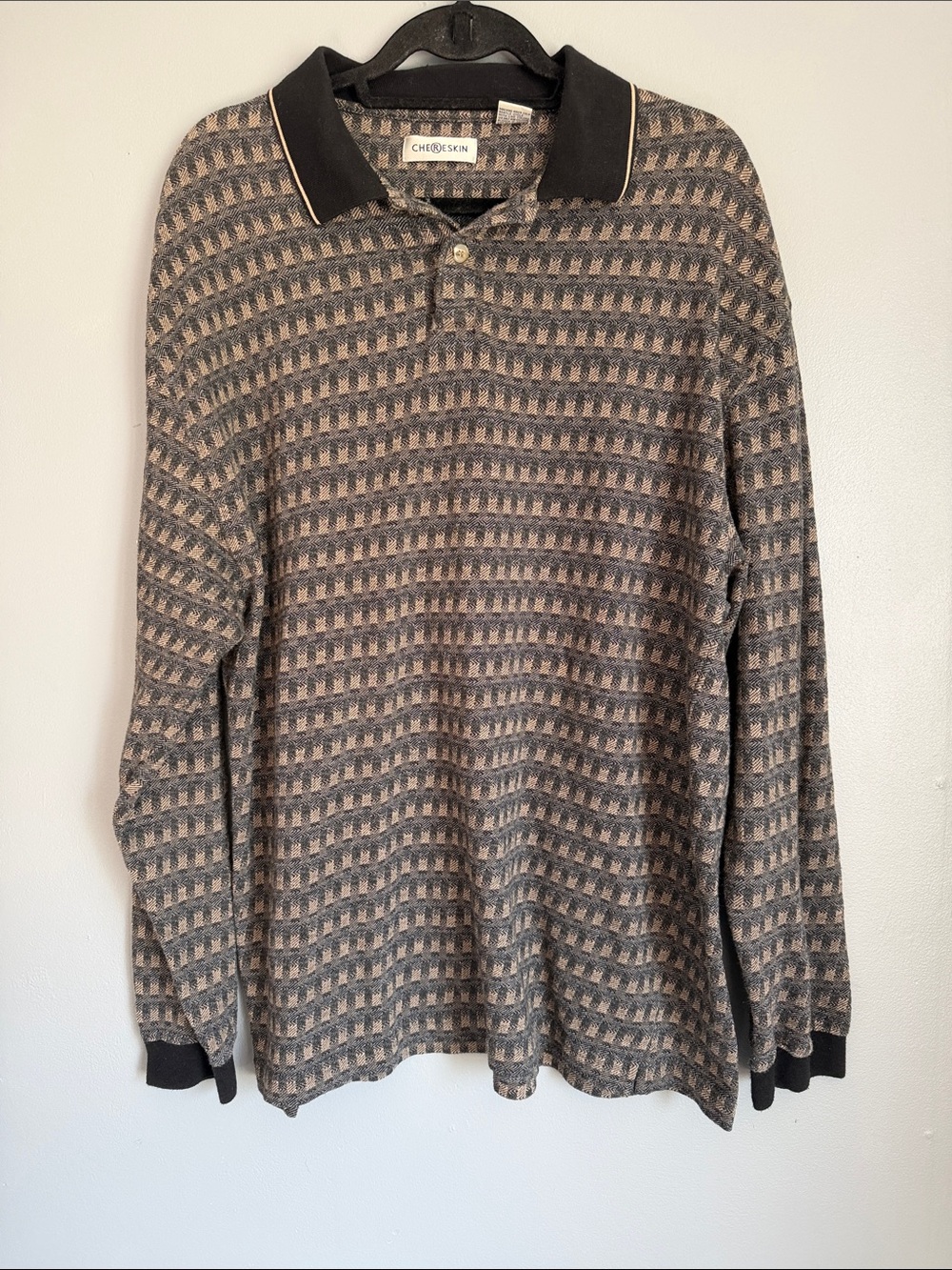 Vintage Chereskin Geometric Knit Long Sleeve Polo Shirt XXL